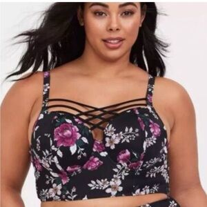 TORRID Black & Pink Floral Print Strappy Push-Up Balconette Bikini Top Size 1X